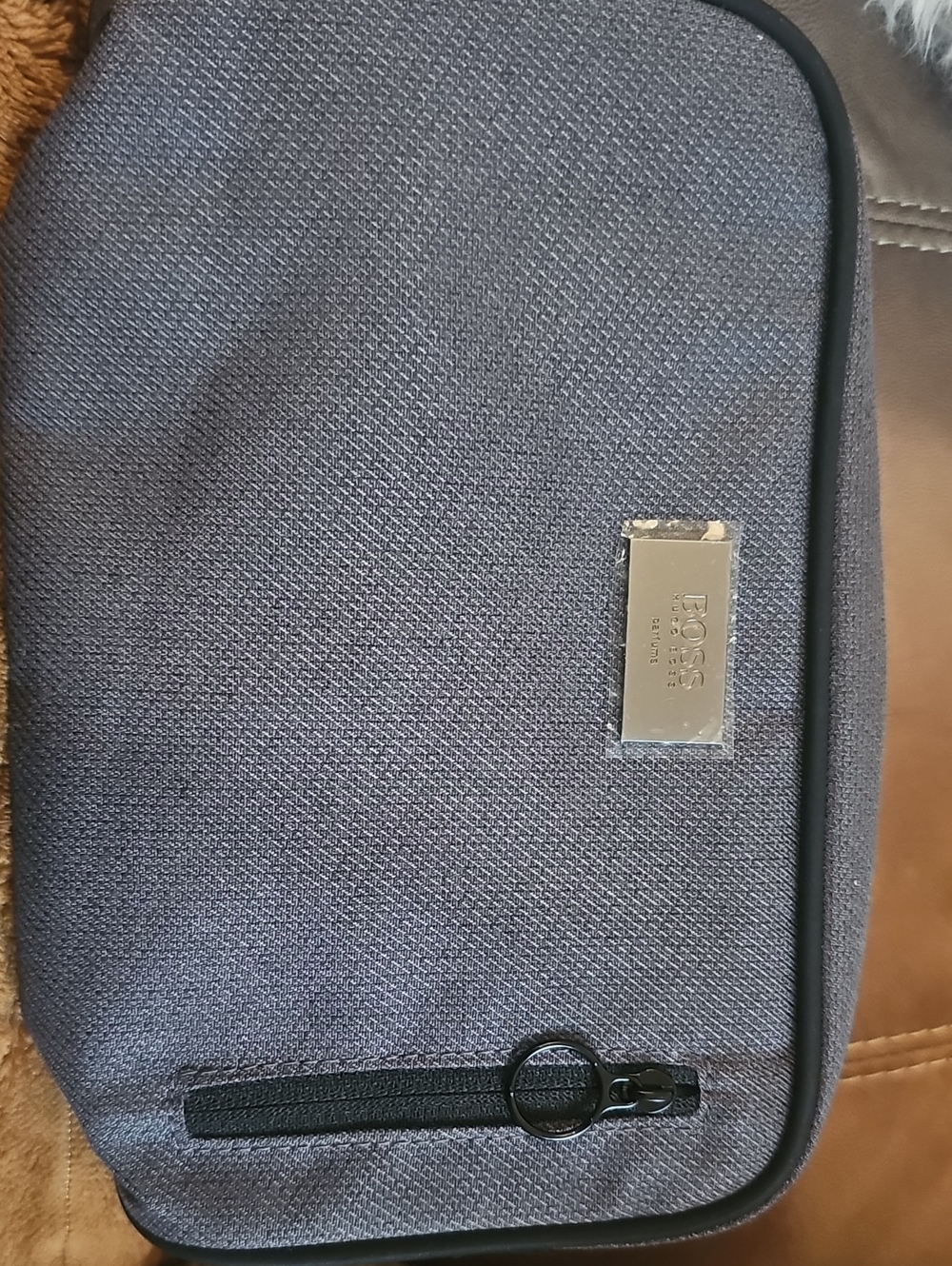 BOSS Navy Canvas Toiletry Pouch with Metal Logo